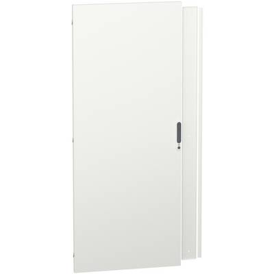 A closed white door with a small handle on the right. The door appears functional and plain, without windows or decorative details.