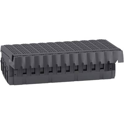 A rectangular, black plastic filter element with ventilation slots, used in water treatment systems for filtration.