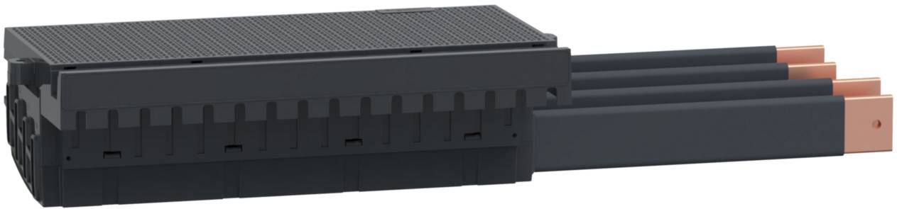 A black electrical device with multiple copper bars, likely used for electrical distribution or connection.