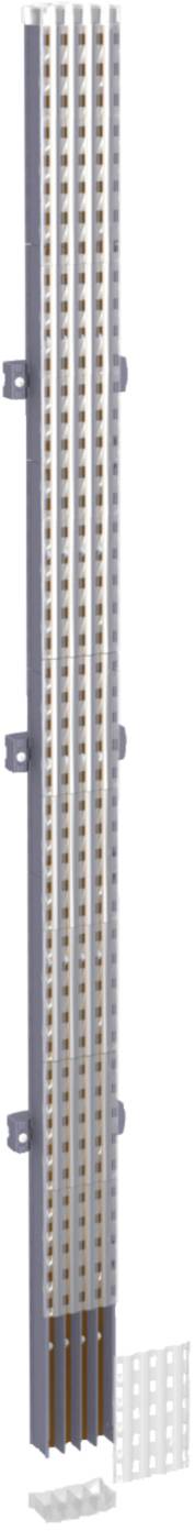 Multi-row, vertical metal bracket with small rectangular openings. Bracket provides mounting options on a wall.