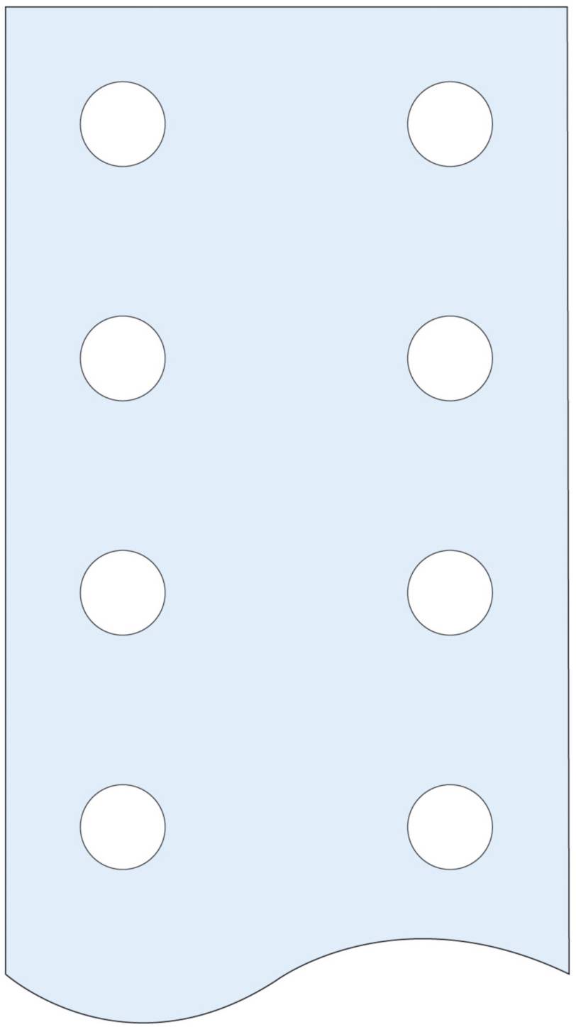 Blue, rectangular plastic component with six circular holes arranged in two vertical rows, used as a construction or connection part.