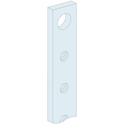 A rectangular metal strip with three circular recesses in the centre.