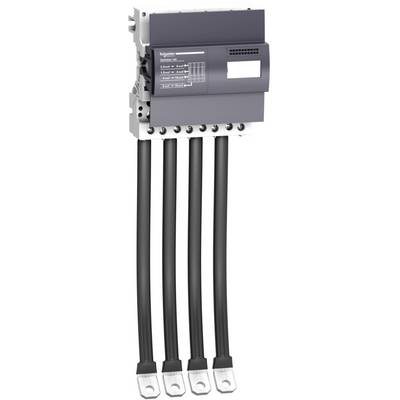 A grey electrical distribution unit with four black cables at the bottom. A label with multiple lines is visible on the top.