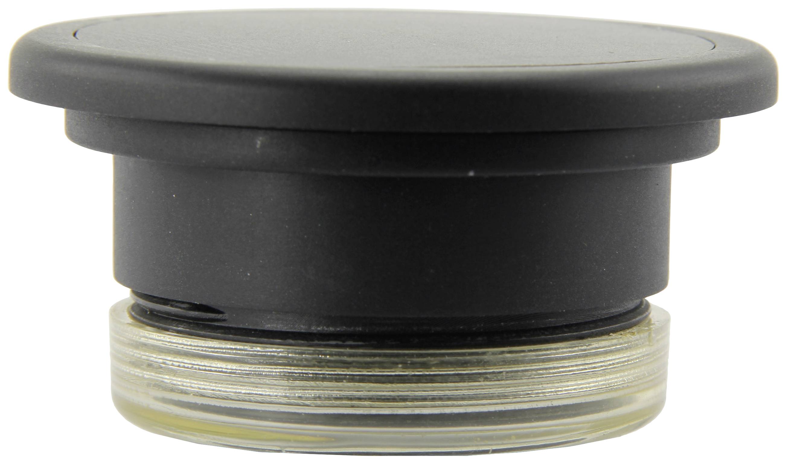 A black, round, cylindrical plastic lid resting on a transparent glass container lid.
