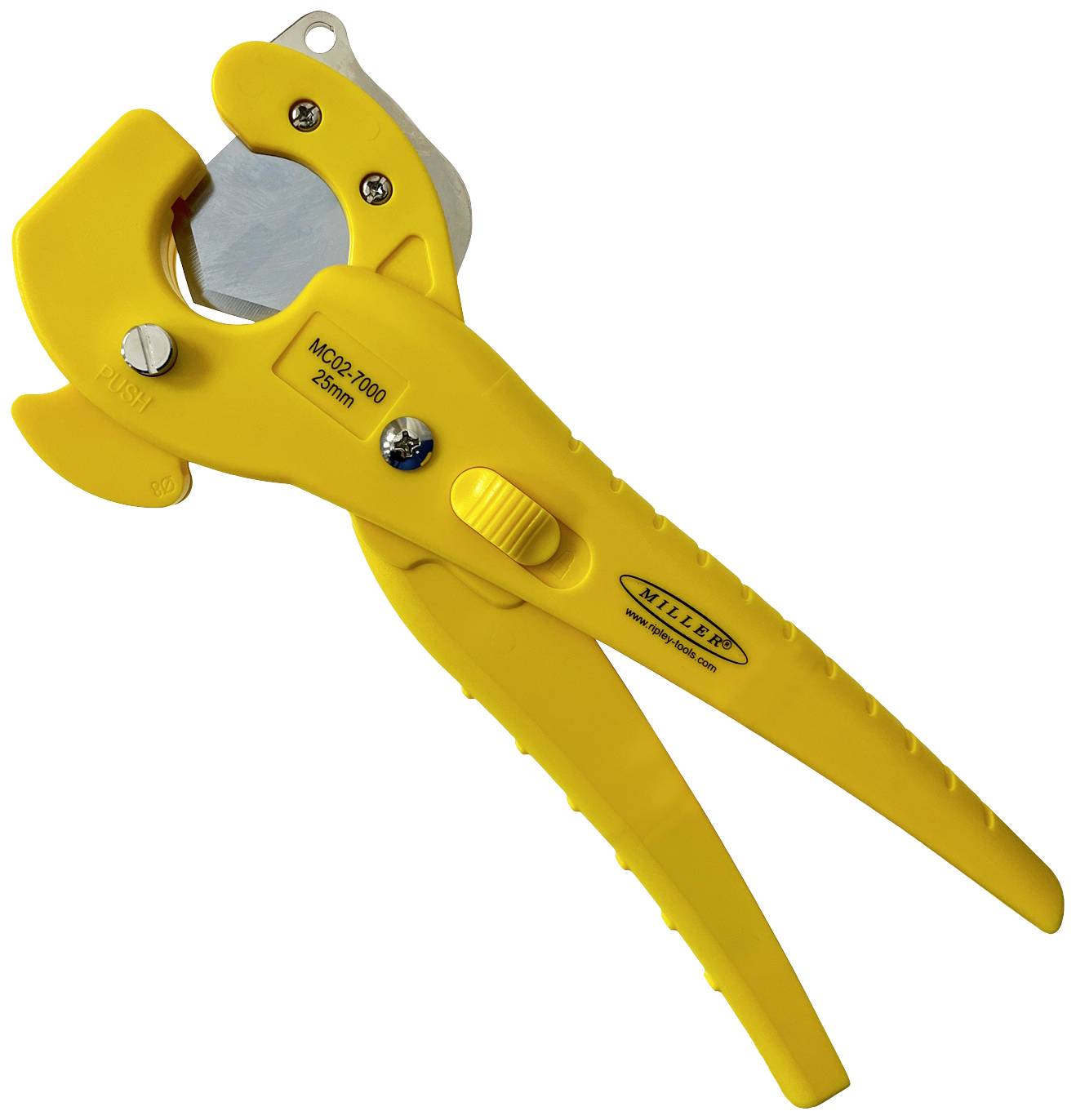 Yellow cable cutter tool with a sharp blade and ergonomic handle, suitable for cutting cables up to 25 mm.