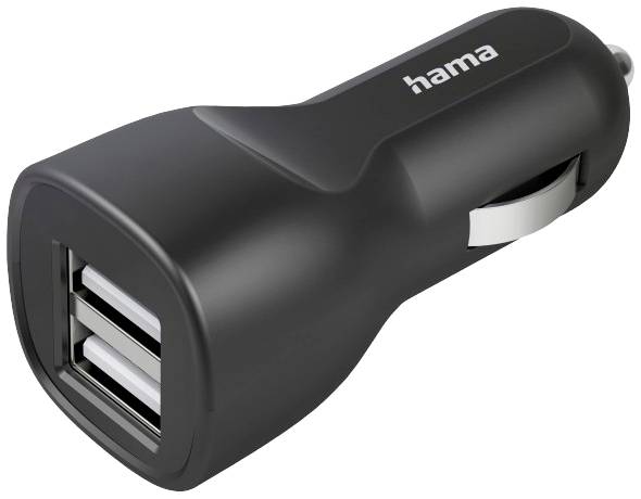 Black USB car charger with two USB ports, compact design, suitable for charging devices while on the move.