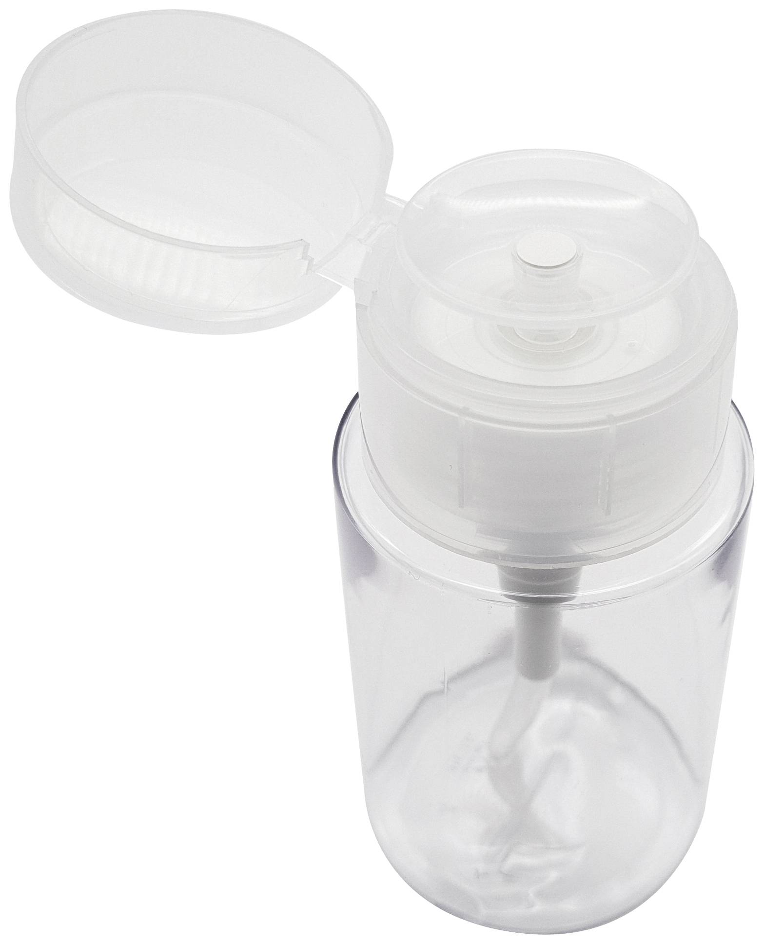 Transparent donor bottle with a flip-top lid, suitable for filling and economical dispensing of liquids.