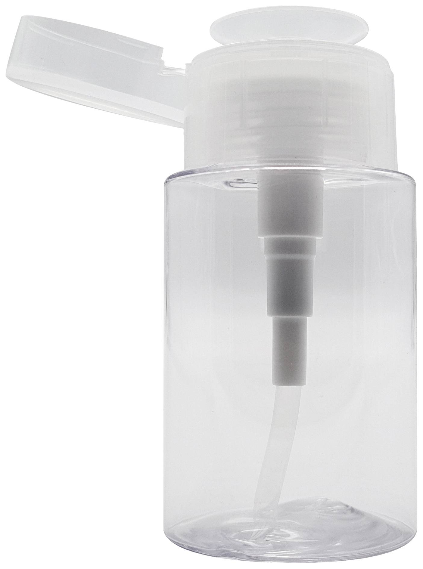 Transparent plastic dispenser with a pump mechanism and a hinged lid, suitable for liquids such as soap or hand sanitiser.