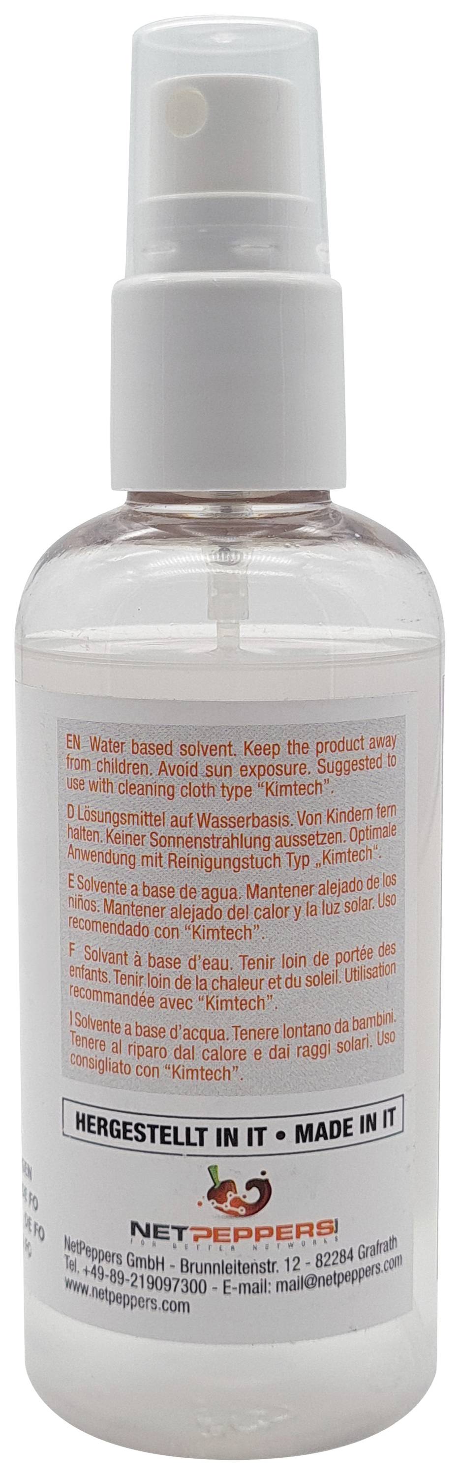 A transparent spray bottle with red text on a label. At the bottom it reads 'Made in UK'. Contains usage instructions.