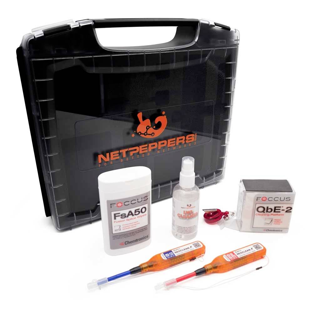 'Netpeppers Fibre Optic Test Kit' with two test devices, buckets, and spray bottle in a black carry bag.