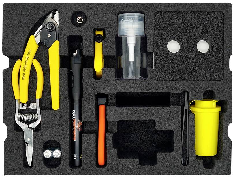 Tool set with yellow pruning shears, black pencil, spray bottle, two battery compartments and additional small tools in foam lining.