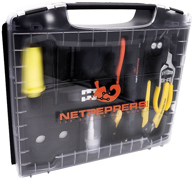 Tool case with a transparent lid. Yellow and black tools are visible. The 'Netpeppers' logo is on the lid.