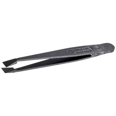 Tweezers with wide, bevelled tips. Brand name and 'Swiss Made' engraved. Tool for precisely gripping small objects.