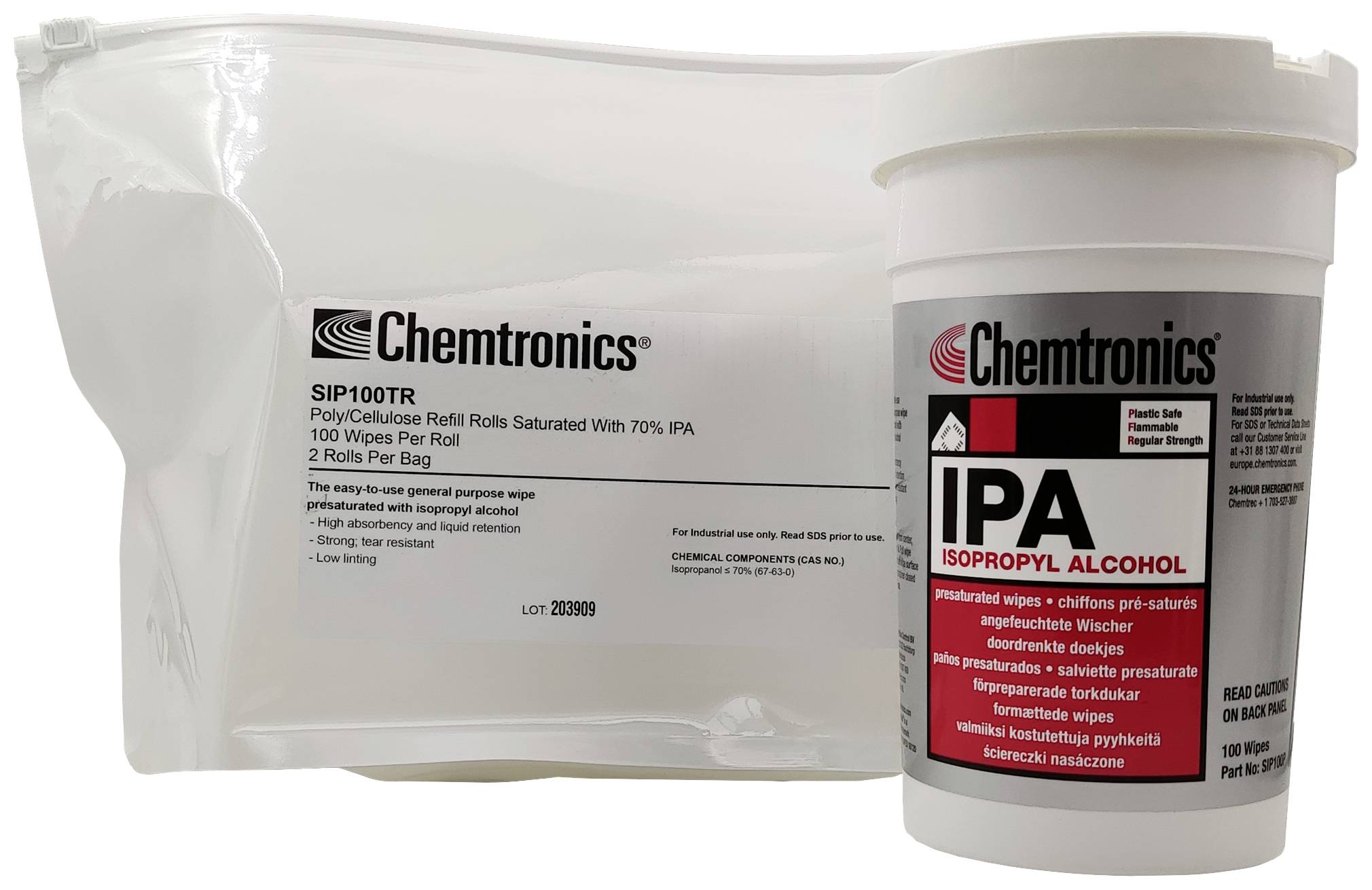'Chemtronics' packaging with two products: Pouch containing 100 wipes, container with 70% isopropyl alcohol cleaning solution for electronic devices.