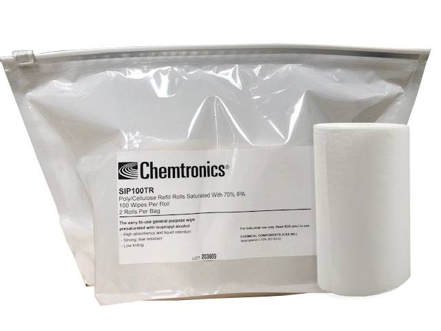 A roll of cleaning wipes next to a package labelled 'Chemtronics SIP100TR'. Contains 70% IPA, 100 wipes per roll.