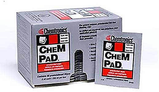 A grey box and a single pack of 'CHEM PAD', containing pre-moistened cleaning wipes for electronic devices.