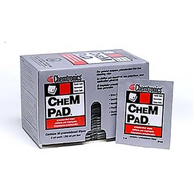 A grey box and a single pack of 'CHEM PAD', containing pre-moistened cleaning wipes for electronic devices.