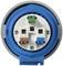Cross switch for flush-mounting in blue and grey, with four colour-coded terminals: green, brown, blue and grey.
