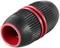 Black and red water hose connector with ribbed surface and double O-ring for secure connection.