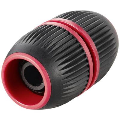 A black and red ribbed hose connector, used for connecting garden hoses.
