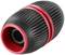 A black and red ribbed hose connector, used for connecting garden hoses.