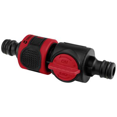 'Irrigation hose connector with red ON/OFF rotary valve, black handle and connectors on both sides.'