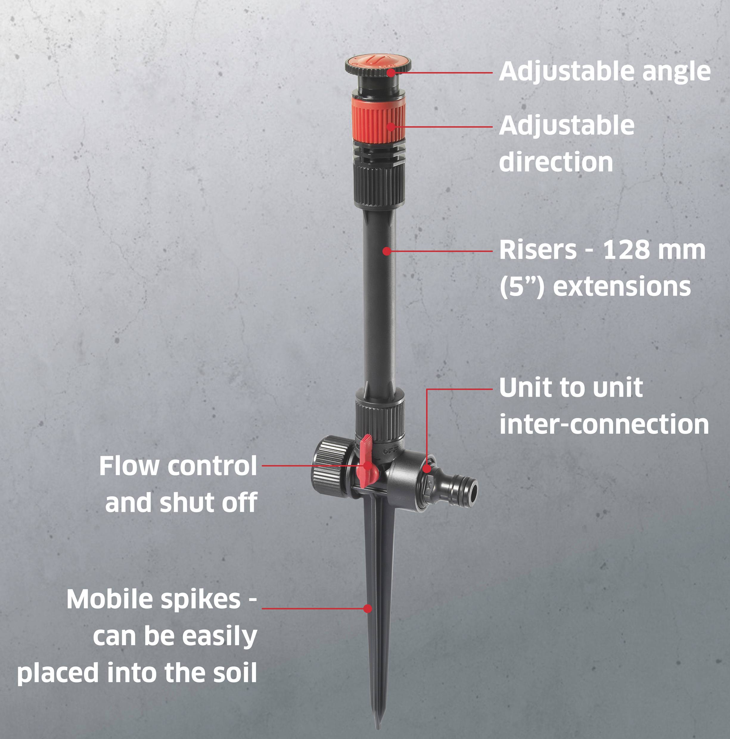 A black irrigation sprinkler with red adjustment knobs. Markings indicate the adjustable angle, direction, rise height of 128 mm, flow control, and mobile spikes for ground placement.