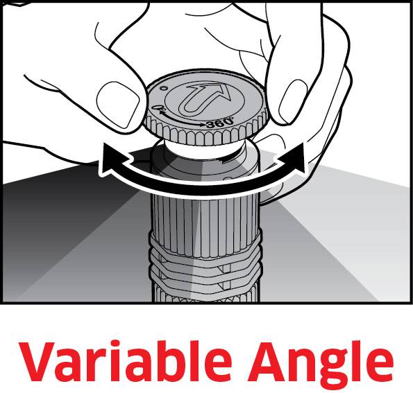 A person demonstrates the adjustment of a torch's angle by rotating its head to different positions. Text: 'Variable Angle'
