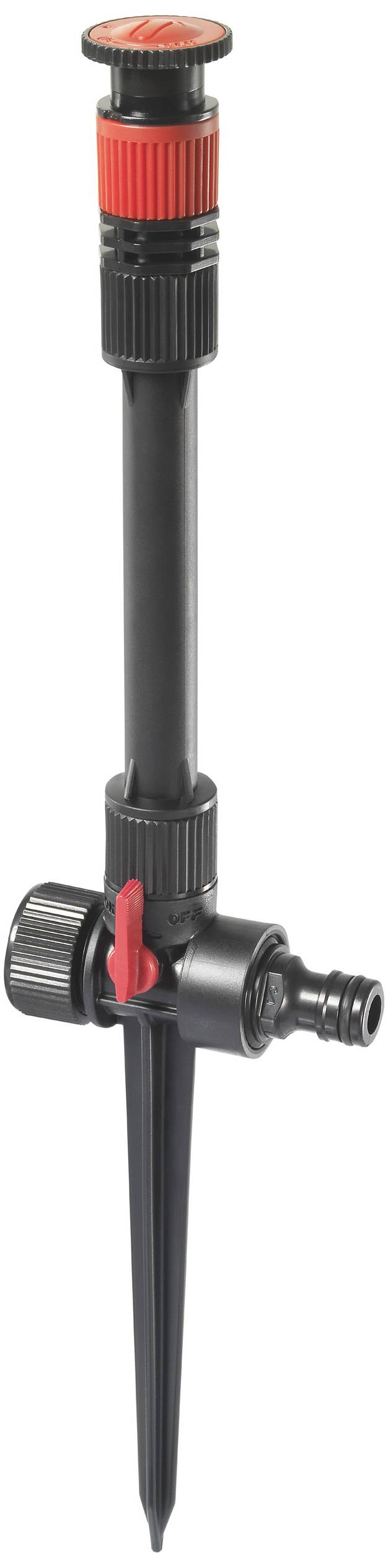 A black garden sprinkler with a red head mounted on a ground spike for irrigation.