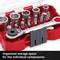 A red box with various screwdriver bits and a spanner. Text: 'Organised storage space for individual components'.