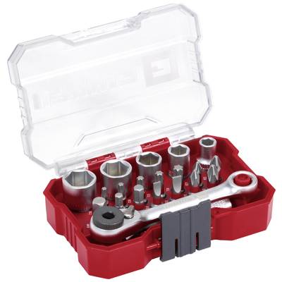 A red tool set with various screwdriver bits and a ratchet. The bits are sorted in different shapes and sizes.