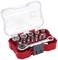 A red tool set with various screwdriver bits and a ratchet. The bits are sorted in different shapes and sizes.