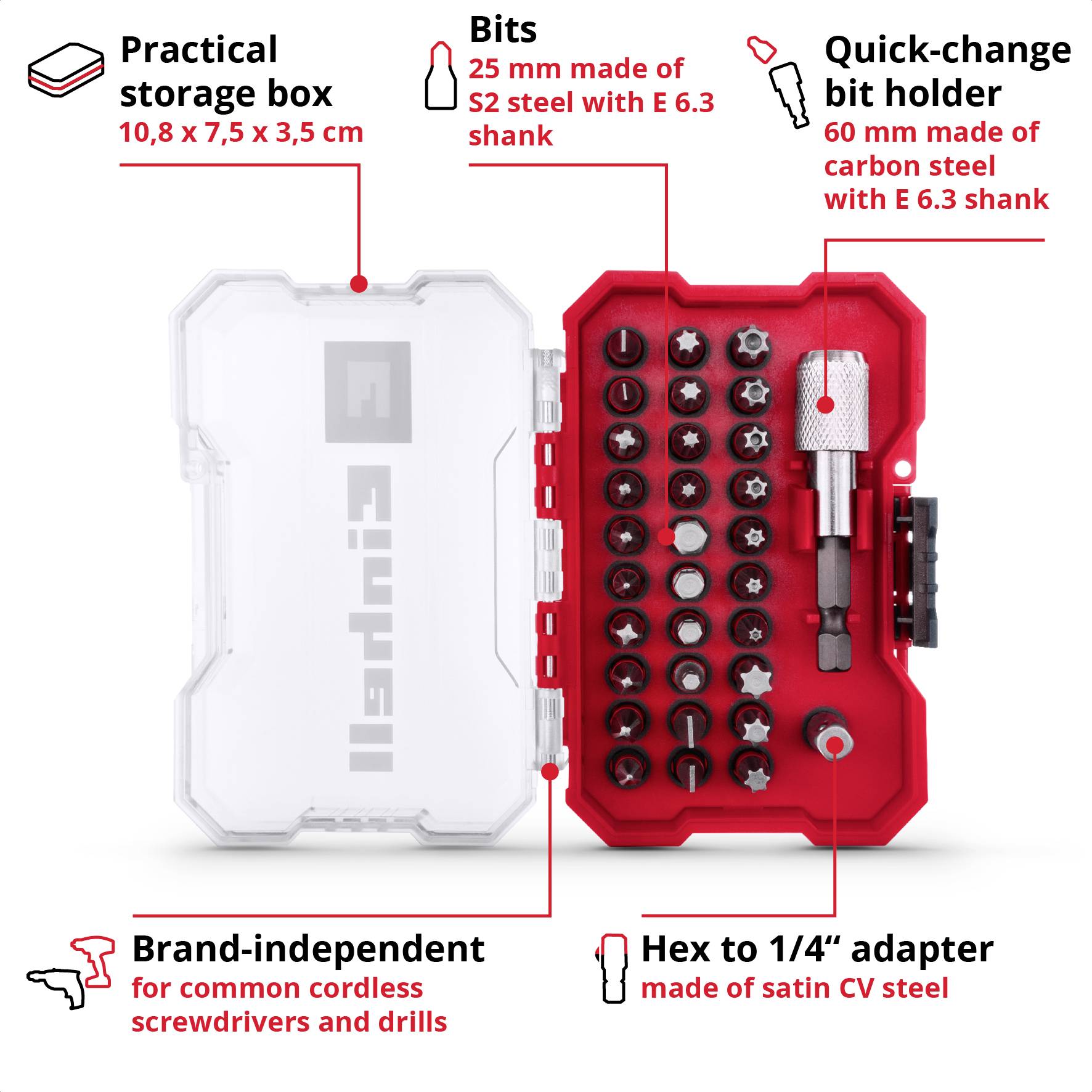 Bit set with plastic housing shows various bits, quick-change holders, and adapters. Marking description in red on white.