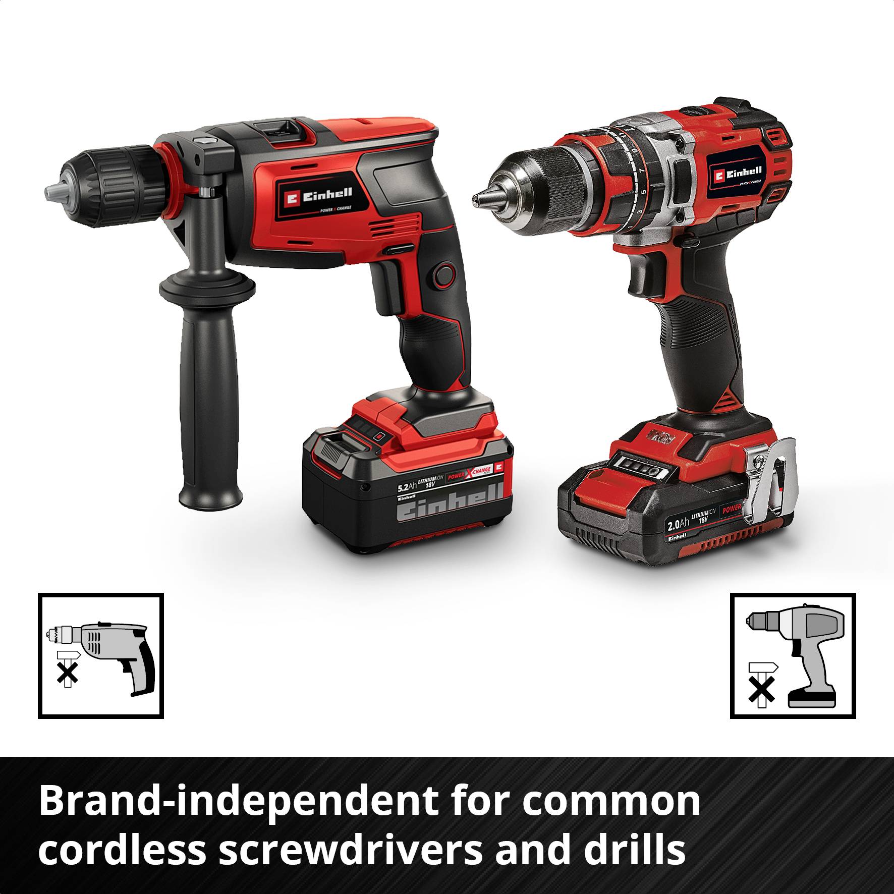 Two red cordless screwdrivers with accessories. Label: 'Compatible with leading cordless screwdrivers and drills, regardless of brand'.
