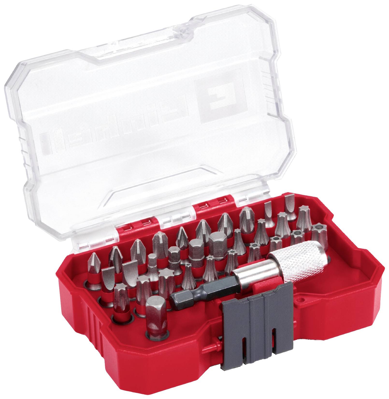'Set of various screwdriver bits in a red plastic box with a transparent lid and magnetic bit holder.'