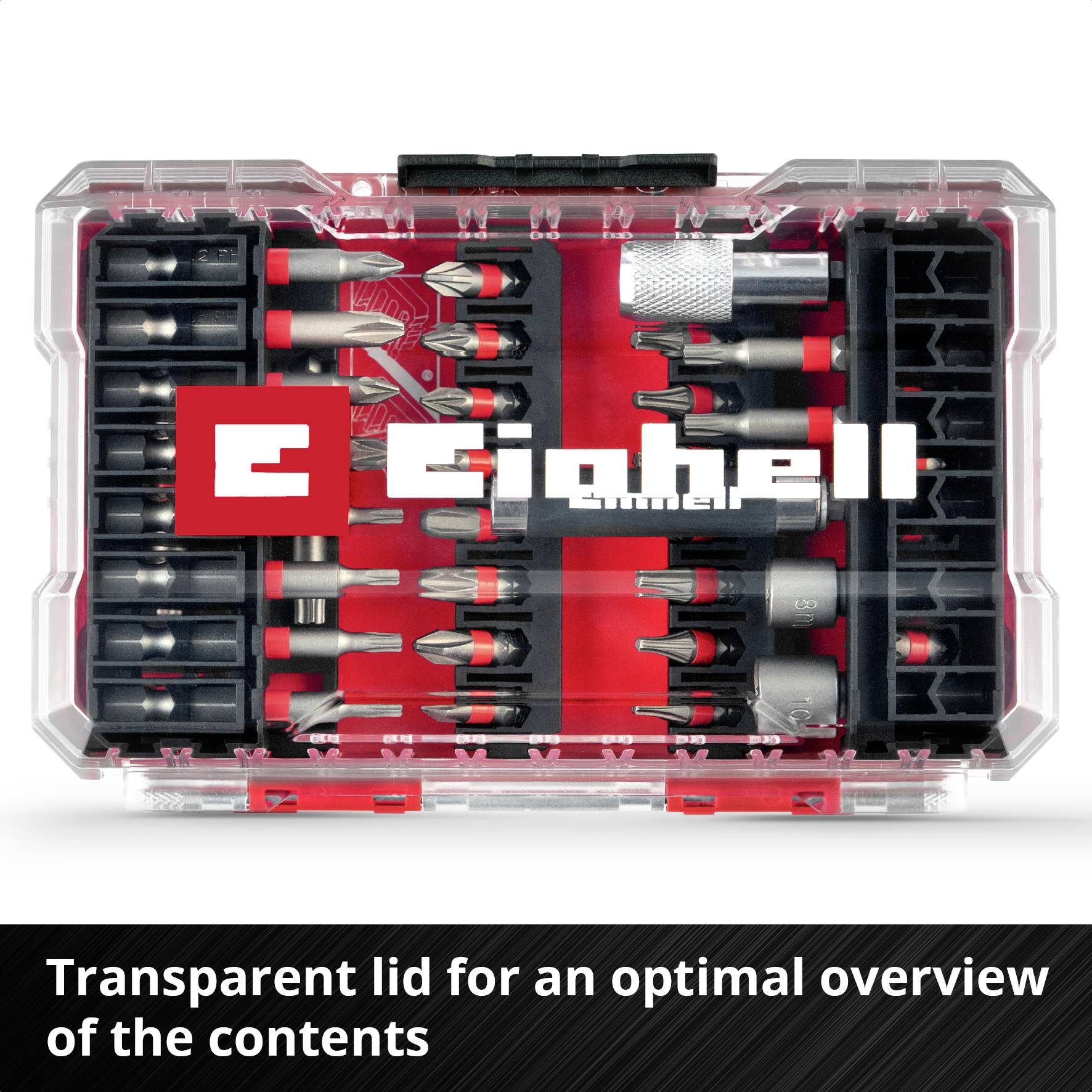 Set of screwdriver bits and attachments in a transparent case. Text: 'Transparent lid for optimal overview of contents'.
