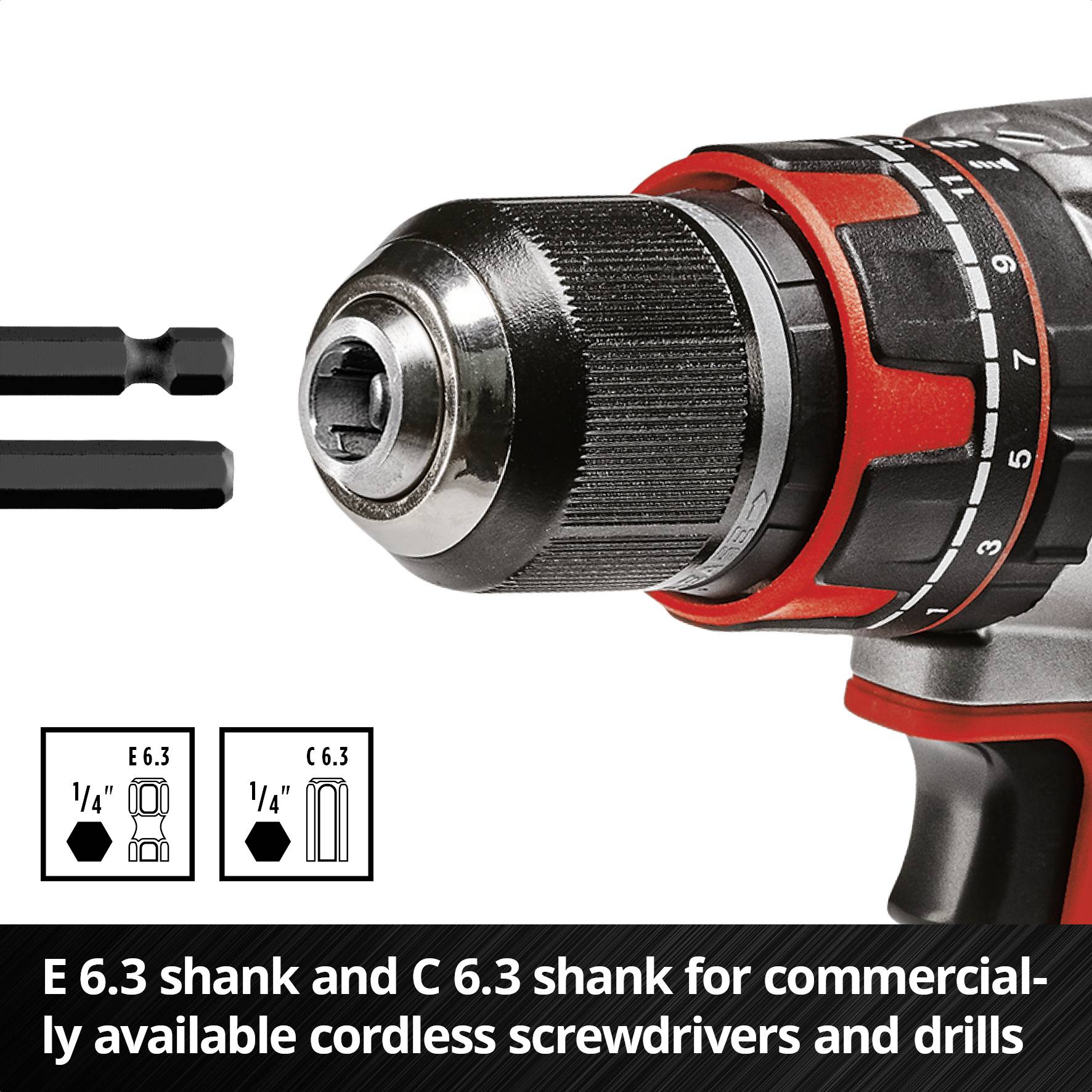 'Cordless screwdrivers and drill machines with E 6.3 and C 6.3 shank. Compatible with standard devices. Hexagonal connection shown.'