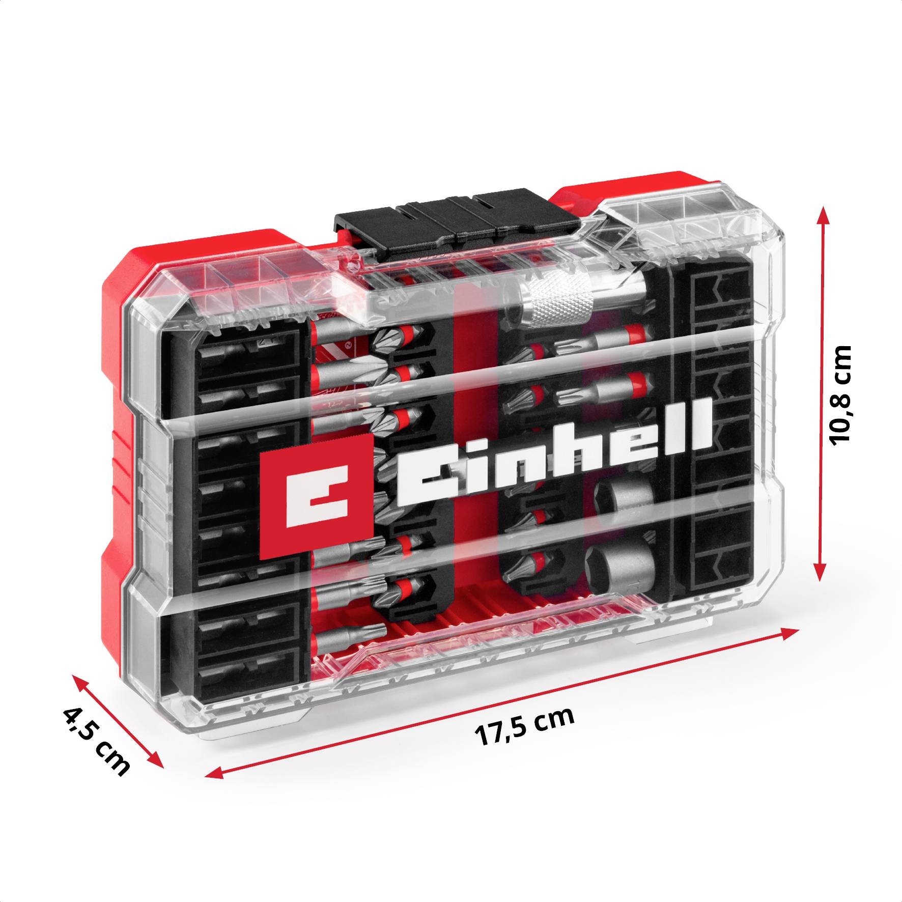 A transparent case with red details contains several tools. It is 17.5 cm wide, 10.8 cm high, and 4.5 cm deep.