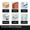 Six pictorial symbols show materials: Wood, Masonry, Metals, Aluminium, Plastics, Glass/Acrylic.<br><br>Text: 'For use in different materials'