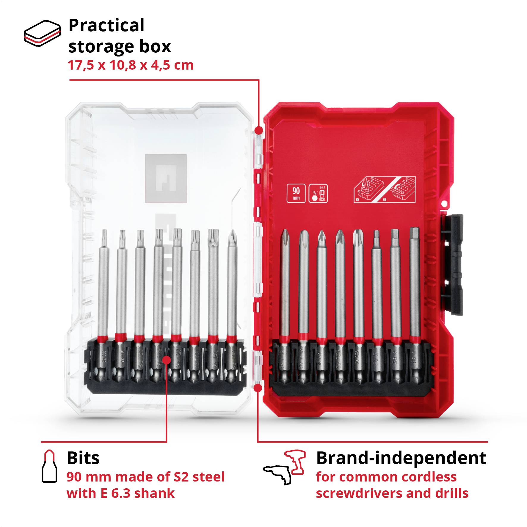 Practical storage box with bits made of S2 steel, 90 mm, E 6.3 shaft. Compatible with drill drivers and drills from various brands.