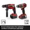 'Two red and black cordless drills by Einhell, presented with graphic symbols indicating compatibility with other brands.'