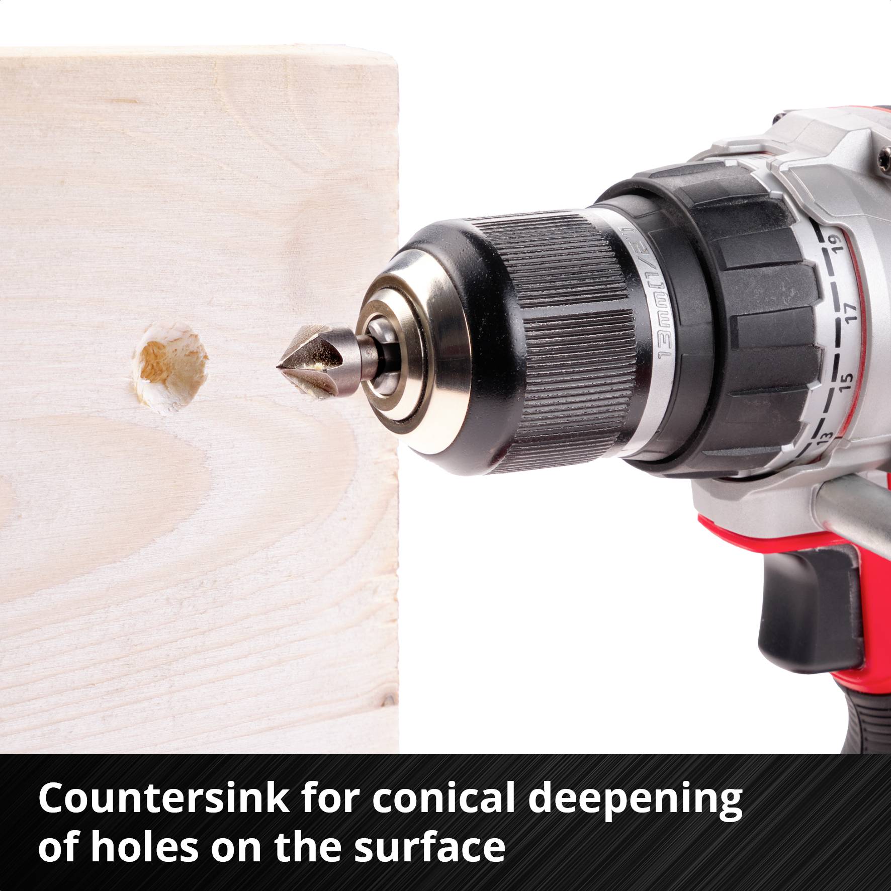 A cordless drill inserts a countersink drill bit into a piece of wood to create a cone-shaped recess. Text: Countersink for creating cone-shaped recesses in holes.