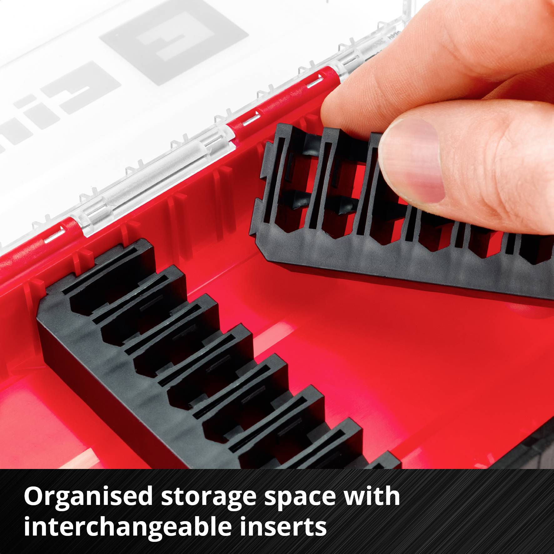 'Organised Storage Space with Interchangeable Inserts' shows a hand removing a black insert from a red container.