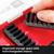'Organised Storage Space with Interchangeable Inserts' shows a hand removing a black insert from a red container.