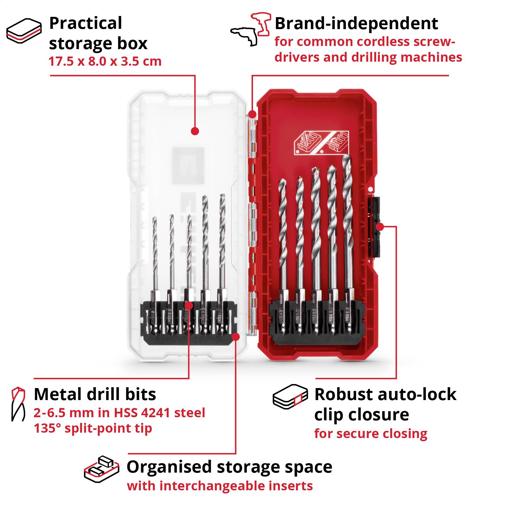 'Drill bit set in a red, brand-independent storage box with metal drill bits (2-6.5 mm), auto-lock closure and interchangeable inserts.'