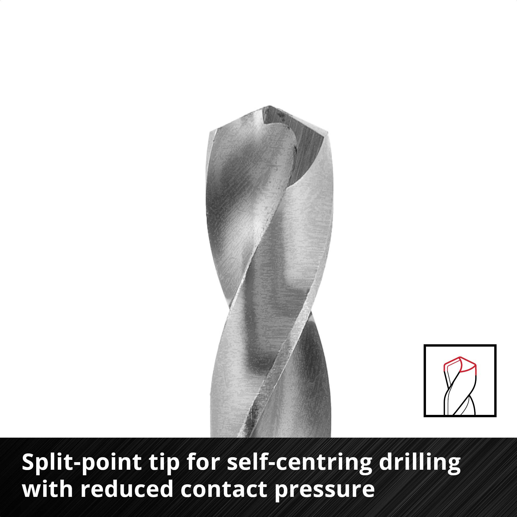 'Split-point tip for self-centring drilling with reduced pressing pressure.' Stronger, spiral-shaped drill bit for precise drilling.