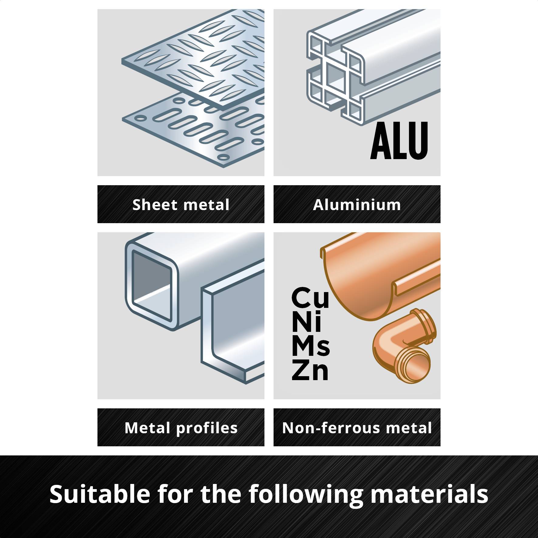 'Illustration of materials: sheet metal, aluminium, metal profiles, non-ferrous metals. Text: Suitable for the following materials.'