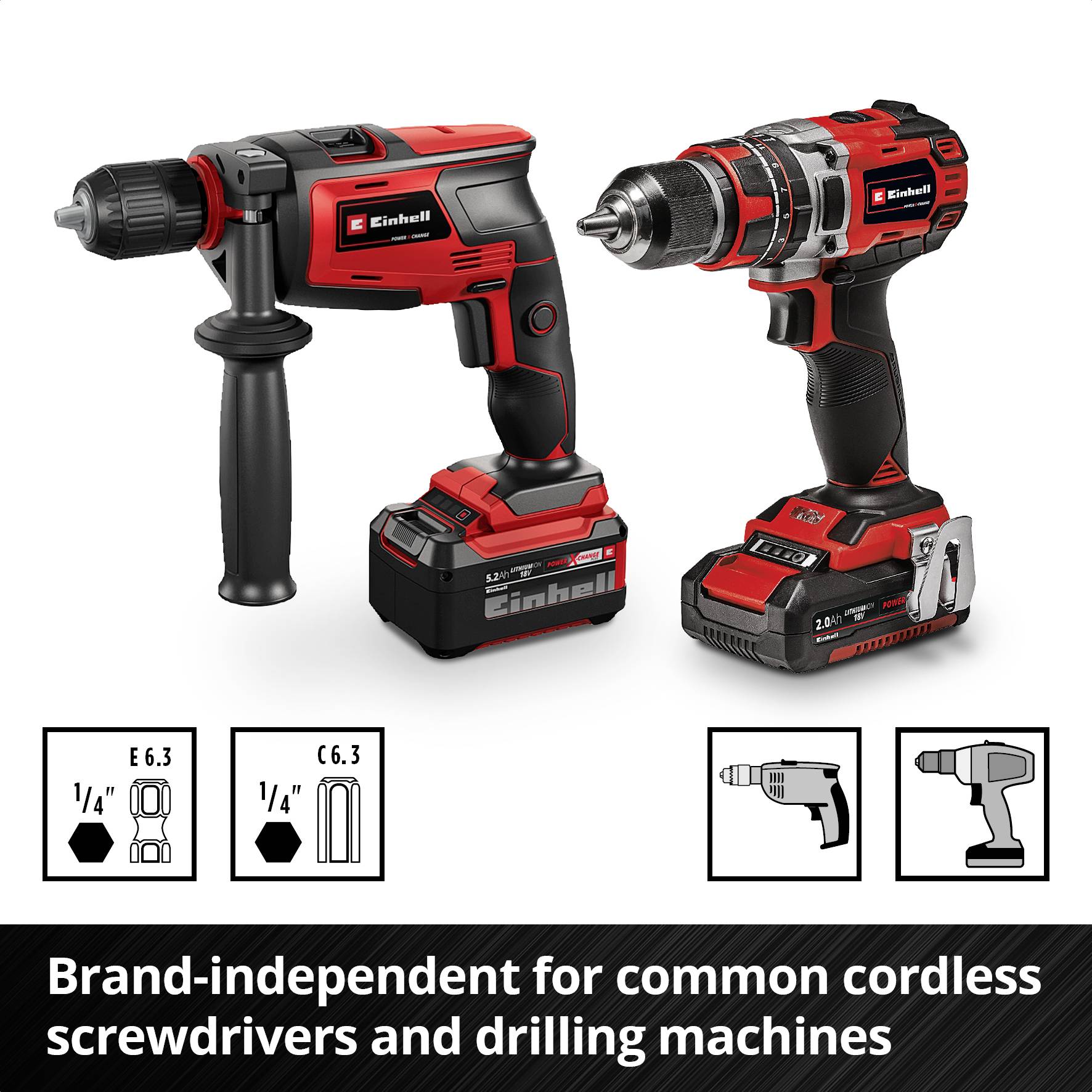 Two red Einhell cordless screwdrivers, one with a slotted screw head, the other with a drill head. Suitable for various machines.