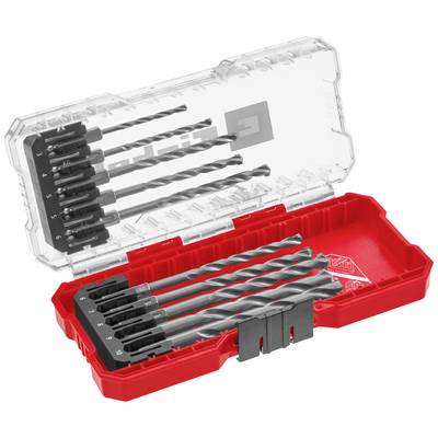 A red case containing seven metal drill bits in various sizes. The drill bits are arranged side by side and numbered.