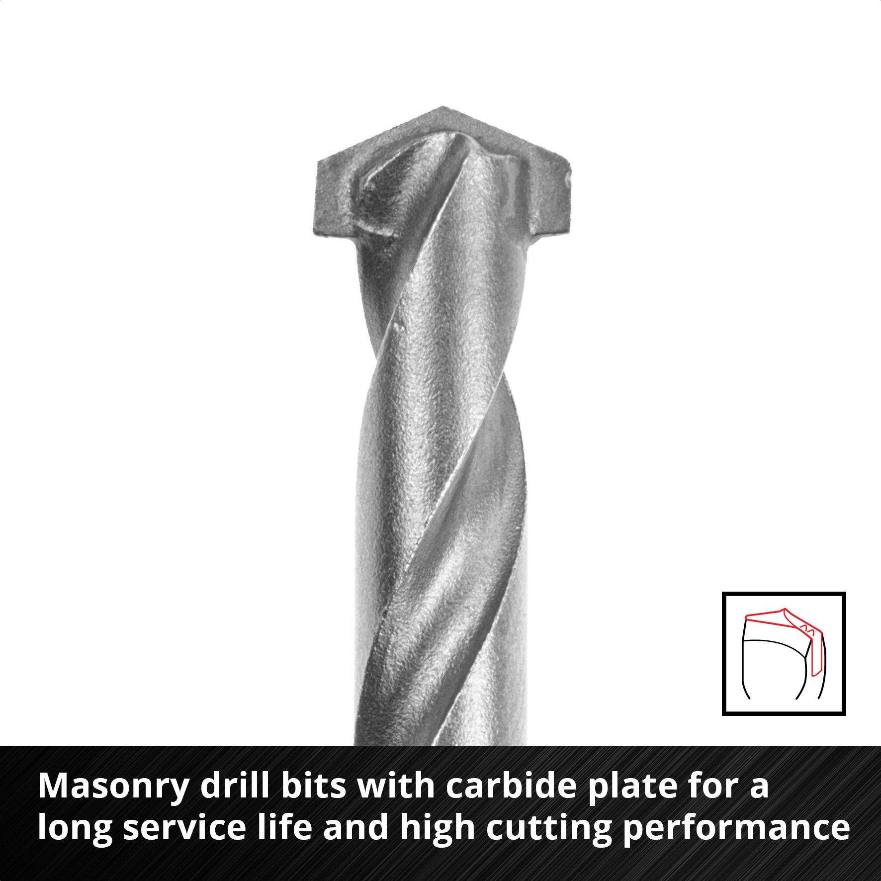 'Carbide-tipped drill bit for high durability and cutting performance.' Shows a robust drill with a spiral design.
